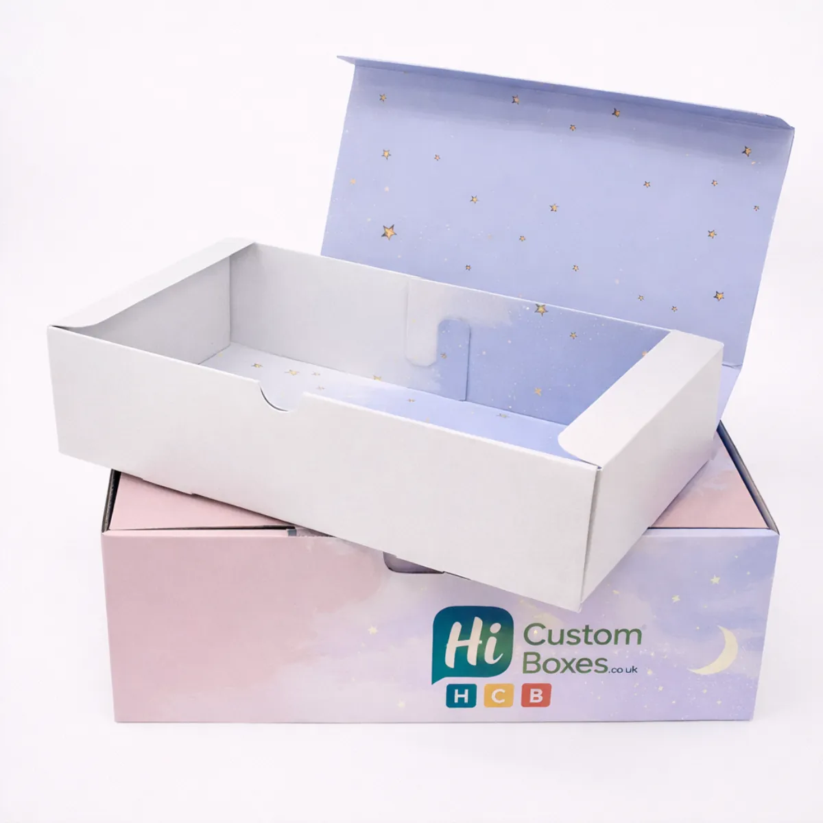 A large lilac box with a night-sky interior and a plain white lid resting on top- class=